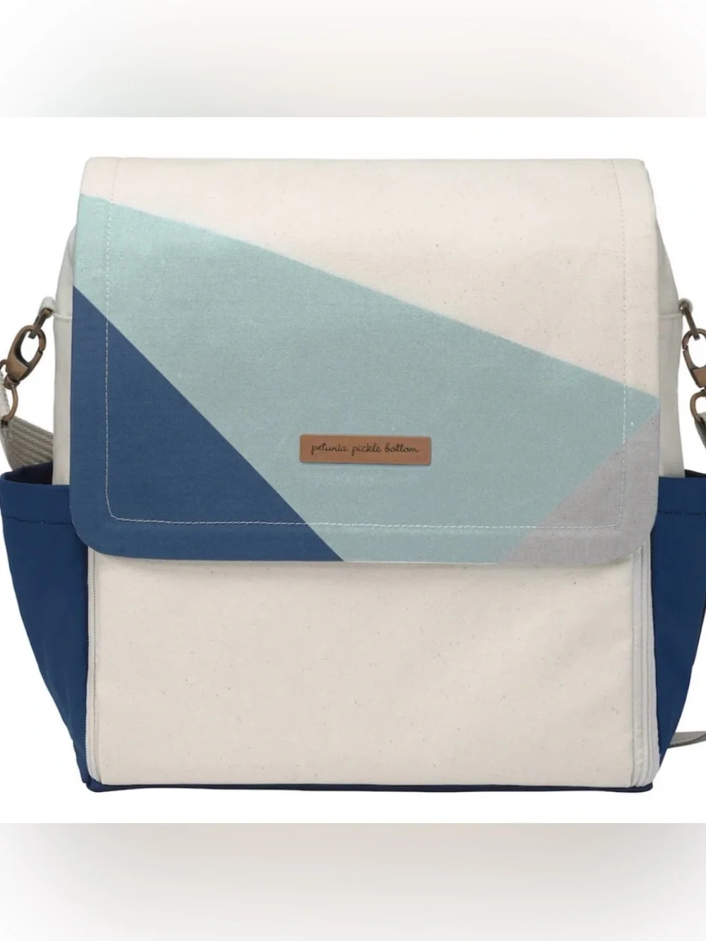 Petunia Pickle Bottom Boxy Backpack Diaper‎ Bag in a geometric cream, navy, teal